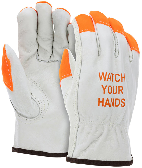 1 Dozen Work Gloves CV Grade Cow Grain Leather Watch Your Hands Logo with Orange