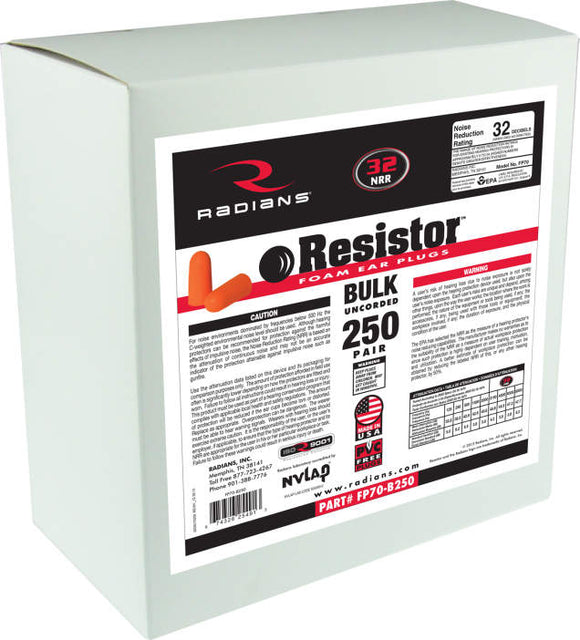 Radians FP70-B250 Resistor 32 Disposable Foam Earplug 250 Pair Dispenser Ref