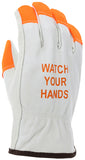MCR Safety 3215HVI Leather Drivers Work Gloves CV Grade Cow Grain Leather Watch Your Hands Logo with Orange Fingertips