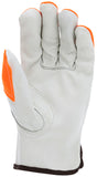 MCR Safety 3215HVI Leather Drivers Work Gloves CV Grade Cow Grain Leather Watch Your Hands Logo with Orange Fingertips
