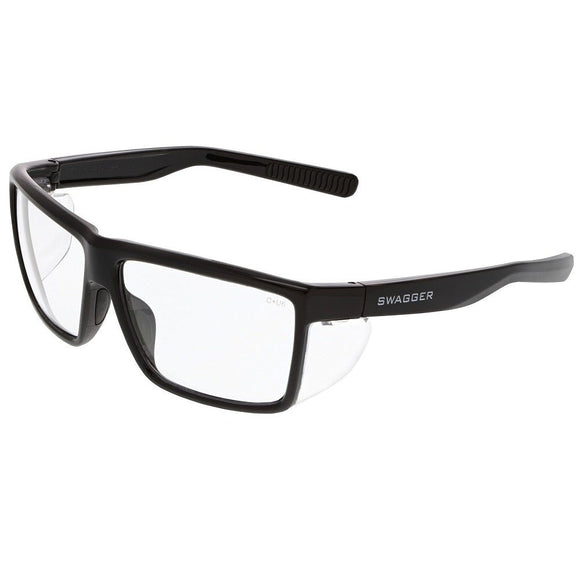 MCR SAFETY SWAGGER SR210 BLACK SAFETY GLASSES CLEAR LENSES TPR NOSE PAD AND TEMPLE ENDS DETACHABLE SIDE SHIELDS